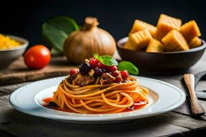 spaghetti con pomodoro salsa e carne su un' piatto. ai-generato foto