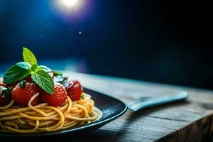 spaghetti con fragole e menta le foglie su un' piatto. ai-generato foto