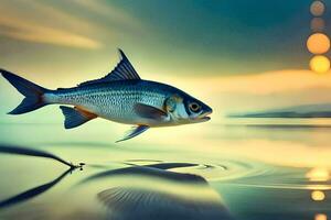 un' pesce è salto su di il acqua a tramonto. ai-generato foto