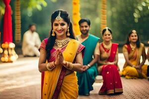 un' donna nel un' sari è sorridente mentre altri siamo nel il sfondo. ai-generato foto