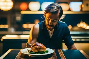 un' uomo è mangiare un' pollo su un' piatto. ai-generato foto