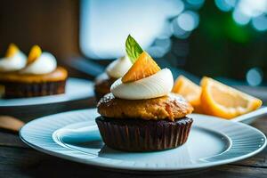 un' Cupcake con arancia fette e crema su superiore. ai-generato foto