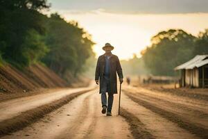 un' uomo a piedi giù un' sporco strada con un' canna. ai-generato foto