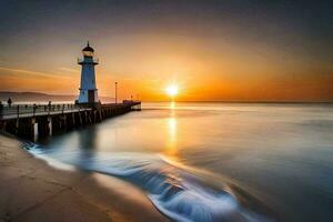 un' faro sta su il riva di un' spiaggia a tramonto. ai-generato foto