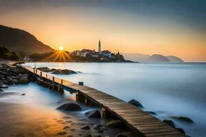 il sole sorge al di sopra di il mare e molo nel Croazia. ai-generato foto