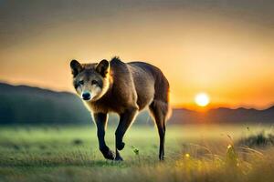 un' lupo è a piedi nel il erba a tramonto. ai-generato foto