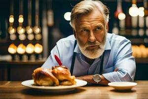 un' uomo con un' barba seduta a un' tavolo con un' piatto di cibo. ai-generato foto