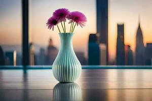 fiori nel un' vaso su un' tavolo nel davanti di un' paesaggio urbano. ai-generato foto