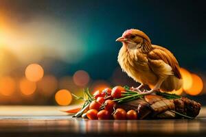 un' pollo è seduta su un' tavolo con pomodori. ai-generato foto