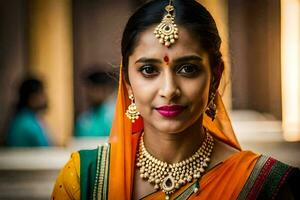 un' bellissimo indiano donna indossare un' sari e gioielleria. ai-generato foto