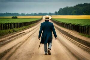 un' uomo nel un' completo da uomo e cappello a piedi giù un' sporco strada. ai-generato foto