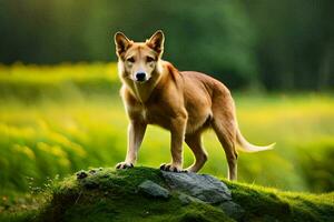 un' cane in piedi su superiore di un' roccia nel un' erboso campo. ai-generato foto