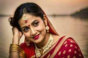 un' bellissimo indiano donna nel un' rosso sari in posa per il telecamera. ai-generato foto