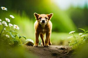 un' cucciolo è in piedi nel il mezzo di un' campo con fiori. ai-generato foto