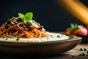 spaghetti con carne e verdure nel un' ciotola. ai-generato foto