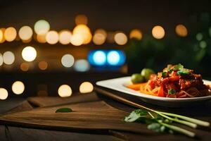 un' piatto di pasta con salsa e bastoncini su un' di legno tavolo. ai-generato foto