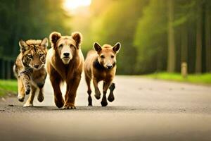 tre Marrone orsi e un' tigre a piedi giù un' strada. ai-generato foto