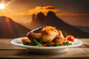 pollo su un' piatto con verdure e montagne nel il sfondo. ai-generato foto