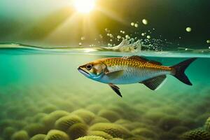 un' pesce nuoto nel il oceano con il sole splendente. ai-generato foto