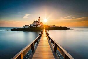 un' di legno ponte conduce per un' faro a tramonto. ai-generato foto