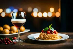 spaghetti con pomodoro salsa e vino su un' piatto. ai-generato foto