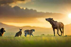 un' cavallo e Due leoni nel il erba a tramonto. ai-generato foto