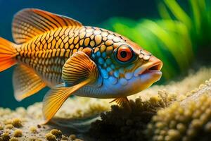 un' pesce con luminosa arancia occhi e un' grande bocca. ai-generato foto