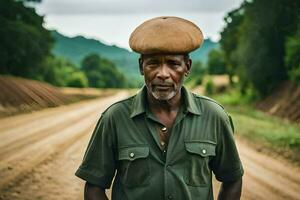 un africano uomo indossare un' cappello sta su un' sporco strada. ai-generato foto