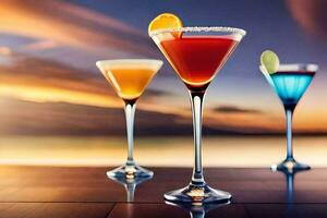 tre cocktail su un' tavolo con un' tramonto nel il sfondo. ai-generato foto