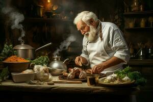 dedito cucinare vecchio uomo vegano cucina. creare ai foto