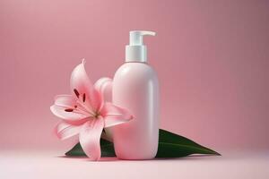 fantasia assistenza sanitaria bottiglie per crema con fiore. naturale biologico terme cosmetici concetto ai generato foto