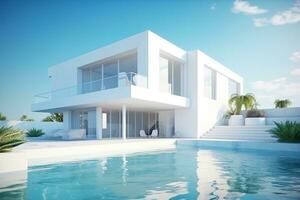 prospettiva di moderno Casa con nuoto piscina ai generato foto