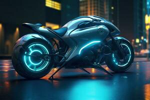 futuristico motociclo su il notte strada concetto ai generato foto