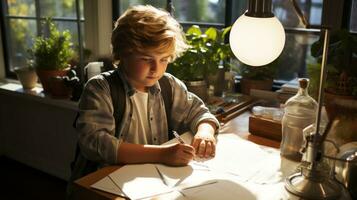 poco ragazzo fare compiti a casa a casa, scrittura nel taccuino e fabbricazione Appunti. foto