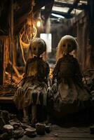 spaventoso antico bambole nel un' ragnatela dimenticato Attico di un abbandonato Casa foto
