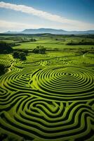 aereo Visualizza di intricato Ritaglia cerchi e modelli su lussureggiante terreni agricoli foto