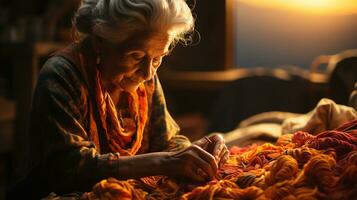 moderno tradizionale eredità mestiere, avvicinamento di anziano indiano donna maglieria tradizionale tessuto nel pomeriggio leggero - Abbracciare una persona arte e culturale eredità, ai generativo foto