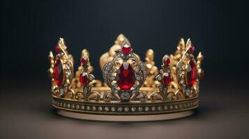 dettagliato re corona fatto di oro isolato su il pianura sfondo, decorato con prezioso gioielli foto
