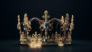 dettagliato re corona fatto di oro isolato su il pianura sfondo, decorato con prezioso gioielli foto