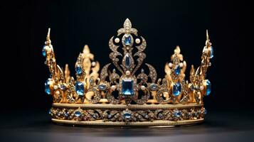 dettagliato Regina corona fatto di oro isolato su il pianura sfondo, decorato con prezioso gioielli foto