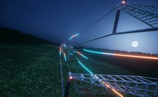 energia in viaggio attraverso alto elettrico trasferimento Linee sospeso su energia Torre al di sopra di campagna campo. trasmissione di elettricità nel elettrico cavi al di sopra di notte cielo, 3d rendere animazione foto