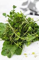 semplice insalata di foglie verdi di crescione e spinaci biologici freschi sul piatto foto