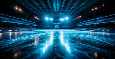 hockey stadio, vuoto gli sport arena con ghiaccio pista di pattinaggio, freddo sfondo - ai generato Immagine foto