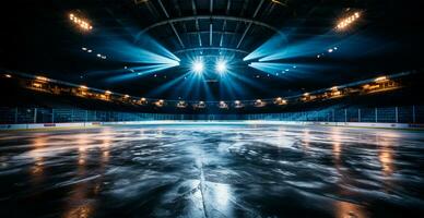 hockey stadio, vuoto gli sport arena con ghiaccio pista di pattinaggio, freddo sfondo - ai generato Immagine foto