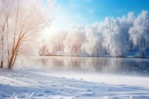 inverno paesaggio neve coperto alberi su un' lago, lente razzi, biologico struttura, gioioso celebrazione di natura. ai generato foto