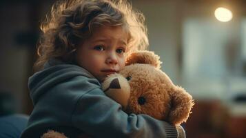 poco solitario ragazza abbracciare orsacchiotto orso, famiglia i problemi. triste bambino foto