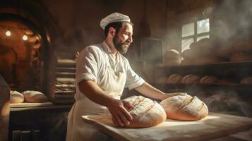 concentrato uomo panettiere in piedi a forno vicino pane. uomo cuoce pane nel forno foto