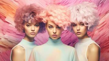 tre moderno futuristico corto capelli giovane donne su pastello sfondo, creato con generativo ai foto