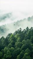 un' superiore Visualizza di un' foresta con un' bianca nebbia rotolamento al di sopra di il cime degli alberi. foto