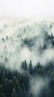 un' superiore Visualizza di un' foresta con un' bianca nebbia rotolamento al di sopra di il cime degli alberi. foto